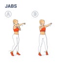 Girl Doing Jabs Exercise Fitness Home Workout Guidance Illustration. Woman Boxing Move Jab Punch.