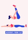 Girl doing Jackknife From Flat exercise, Woman workout fitness, aerobic and exercises. Vector Illustration.