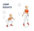 Girl doing Jump Squats silhouettes. Squatting jumps illustration concept.