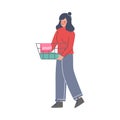 Girl Doing Laundry at Home or Public Laundrette, Woman Carrying Basket of Dirty Clothes Flat Style Vector Illustration