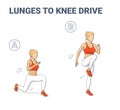 Girl Doing Lunges to Knee Drive Home Exercise Guidance. Reverse Lunges to Knee Hops Woman Workout.