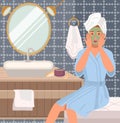 Girl doing morning routine in the bathroom. Woman applying face mask to skin vector illustration Royalty Free Stock Photo