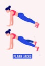 Girl doing Plank Jacks exercise, Woman workout fitness, aerobic and exercises. Vector Illustration.