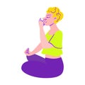 The girl is doing pranayama. Rest and relaxation. Beauty, care, hygiene concept clipart. Vector. Flat style