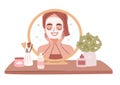 Girl doing a skincare routine applying a mask. Beauty procedures at the dressing table. Mirror reflection