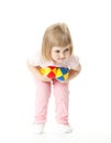 Girl doing sport exercises with toy dumbbells Royalty Free Stock Photo