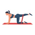 Girl doing sports exercises for buttocks with resistance band. Vector.