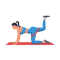 Girl doing sports exercises for buttocks with resistance band. Vector.