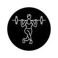 Girl doing squats with barbell black line icon.