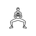 Girl doing squats with dumbbells black line icon.