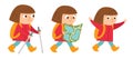 Girl doing summer activities. Cute kid walking with Nordic sticks, backpack and map. Vector summer camp set. Camping character Royalty Free Stock Photo