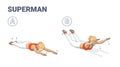 Girl Doing Superman Exercise Fitness Home Workout Guidance Illustration. Lying Back Woman Exercise.