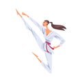 Girl Doing Swing Kick, Female Karate Fighter Character in White Kimono Practicing Traditional Japan Martial Art Cartoon