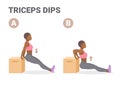 Girl Doing Triceps Dips Exercise for Home Workout Guidance. African-American Woman Training Triceps.