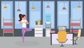 Girl doing yoga flat vector illustration. Woman practicing yoga, relaxed office worker exercising, stretching during Royalty Free Stock Photo