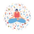 Girl doing yoga. Floral circular print. Vector illustration.