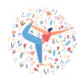 Girl doing yoga. Floral circular print. Vector illustration.