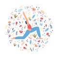 Girl doing yoga. Floral circular print. Vector illustration.