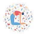 Girl doing yoga. Floral circular print. Vector illustration.