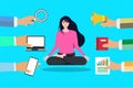 Girl doing yoga and promoters trying to advertise her. Hands with a magnifying glass, microphone, laptop, mobile, and book vector