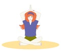 The girl is doing yoga - sitting in the lotus position with her hands raised up