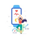 Girl doing yoga smart bracelet icon, illustration. Smartphones tablets user interface social media.