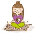 Girl doing yoga. Woman sitting in half lotus pose. Hand drawn vector illustration. Meditation, happiness, calm Royalty Free Stock Photo