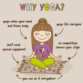 Girl doing yoga. Woman sitting in half lotus pose. Yoga benefits infographic. Hand drawn vector illustration