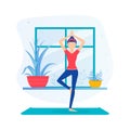 Girl Doing Yoga, Young Woman Standing in Tree Pose During Morning Physical Workout Flat Vector Illustration