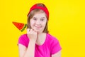 Girl Down syndrome with large Lollipop Royalty Free Stock Photo