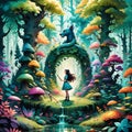 Girl and the dragon in a enchanted painted forest