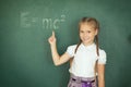 Girl drawing on chalkboard formula e mc2. Education and school concept Royalty Free Stock Photo