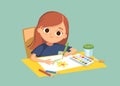 Girl drawing picture with pencils and watercolor. Kid in art class Royalty Free Stock Photo