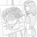 The girl draws a bucket with daisies. Coloring book anti-stress coloring concept for children and adults
