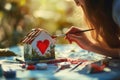 A girl draws a heart with a house outdoors on a sunny day. Royalty Free Stock Photo