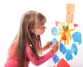 girl draws a house and the sun. artist kid girl painting over white background Royalty Free Stock Photo