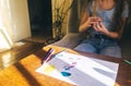 Girl draws with paints. The concept of creative development and happy childhood. Drawing lessons online and with a teacher. Art Royalty Free Stock Photo