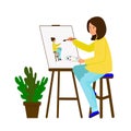 Girl draws a picture. The artist creates a self-portrait. A young woman sitting at the easel and draws a portrait.
