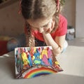 Girl draws rainbow with melted crayon pencils, she using blow dryer and wax stars to melt, art idea