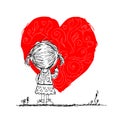 Girl draws red heart, valentine card sketch for