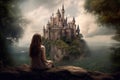 Girl dream castle looking at landscape. Generate Ai