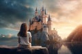 Girl dream castle looking at sunset. Generate Ai