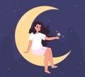 Girl dream on moon, woman at night sit on crescent and holding star. Imagine or sleep, cartoon magic nighttime concept