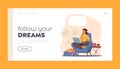 Girl Dreaming Landing Page Template. Thoughtful Female Character in Armchair with Notebook and Steaming Coffee Cup Royalty Free Stock Photo