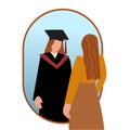 Girl dreams of graduation and sees her reflection in the graduate\'s gown.