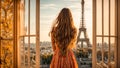 Girl dress, beautiful hair against background Eiffel Tower fashion parisian