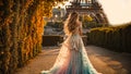 Girl dress, beautiful hair against background Eiffel Tower fashion parisian model france