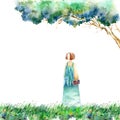 Girl in a dress with a forest and field. Summer picture. White background.