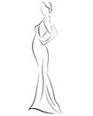 Girl in a dress. Linear outlines of a female figure in a dress. Silhouette of a model in clothes. Linear art of a