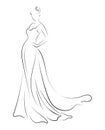 Girl in a dress. Linear outlines of a female figure in a dress. Silhouette of a model in clothes. Linear art of a